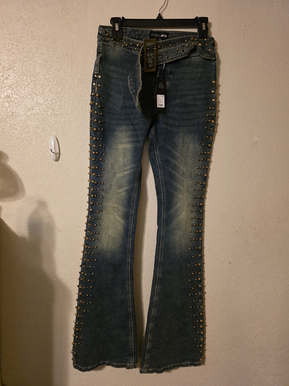 Fashion Nova Blue Distressed Flare Jeans with Gold Studs & Belt